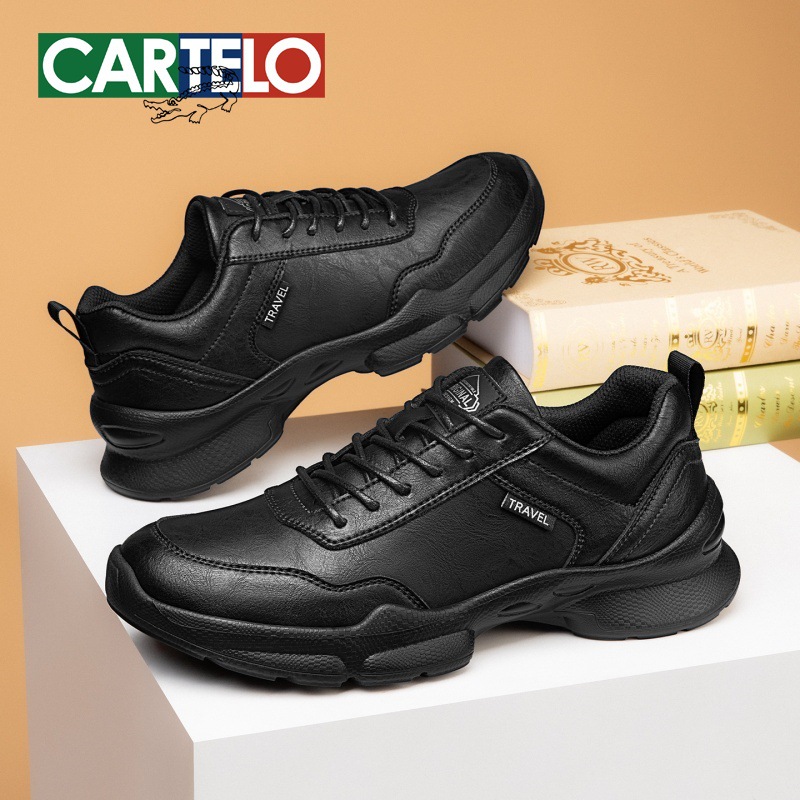 Cartelo Crocodile Men's Shoes Winter New Lightweight Thick-Soled Black Casual Men's Work and Commuting Sports Leather Shoes for Men