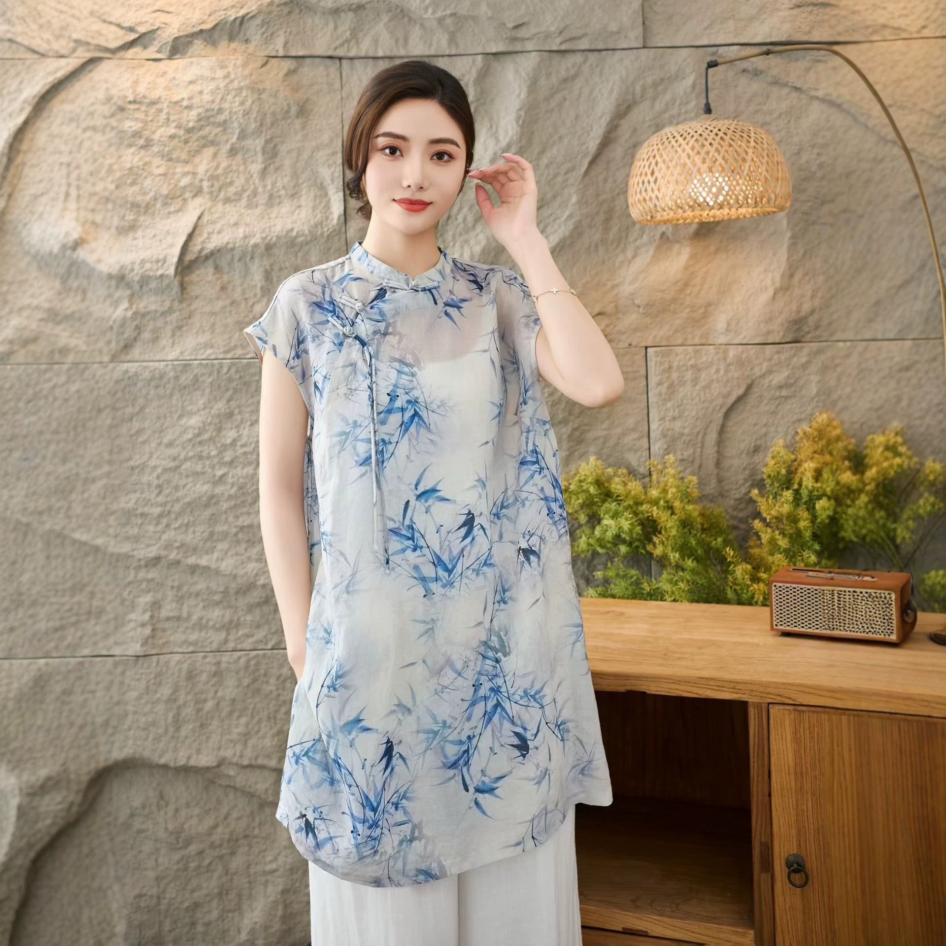 2026 Summer Retro Artistic New Chinese Style Ramie Mid-Length Stand Collar Pullover Loose Slimming Lightweight Women's Shirt