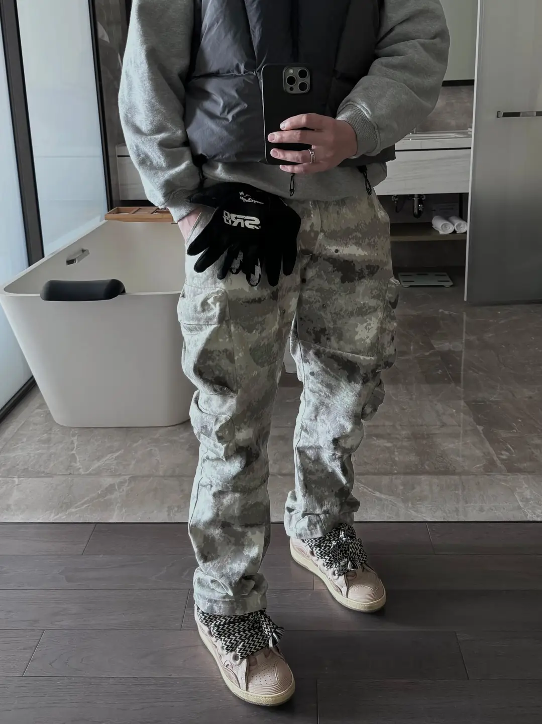 From Street American Street Snowflake Camouflage 3D Multi Pocket Zipper Work Pants Loose Straight Leg Wide Leg Pants