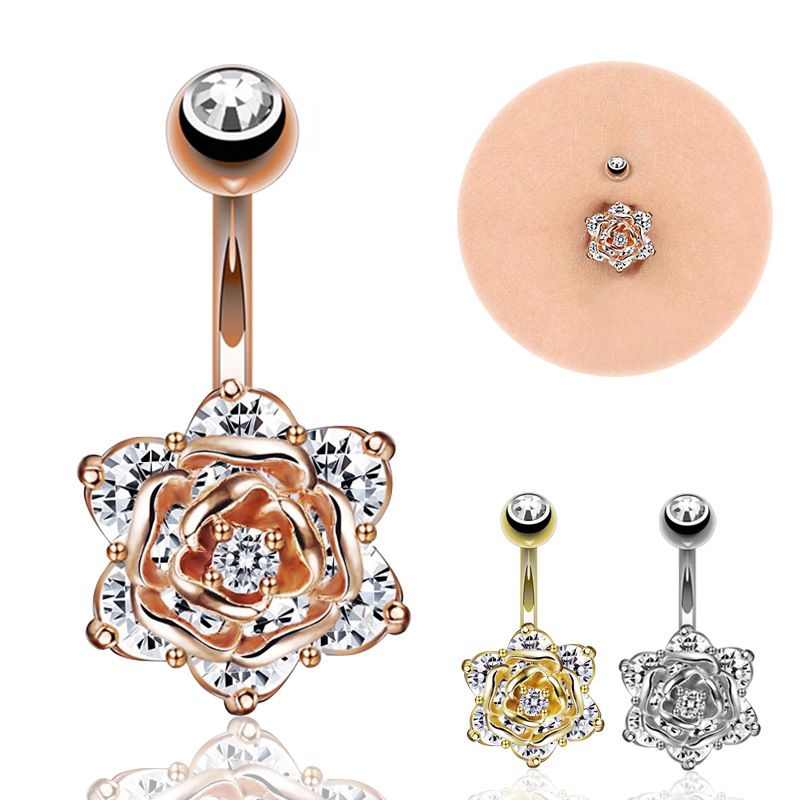 Ebay Amazon Aliexpress Wish Rose Zircon Diamond Navel Ring Piercing Jewelry Navel Nail Online Sales