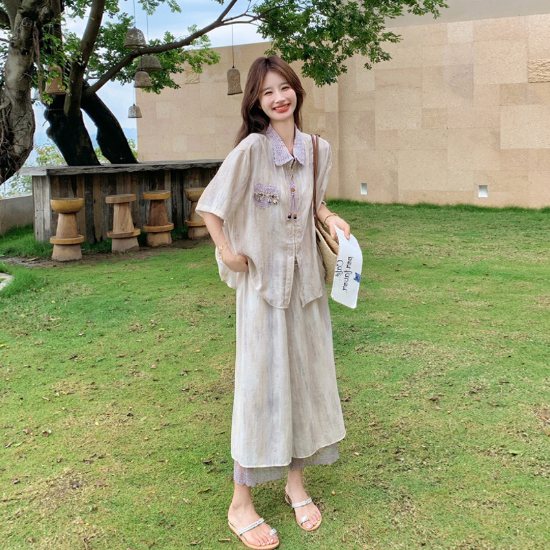 Korean-Style Gentle Gradient Shirt and Wide-Leg Pants Set for Women, Summer Slimming and Age-Reducing, Petite Casual Vacation Two-Piece Set