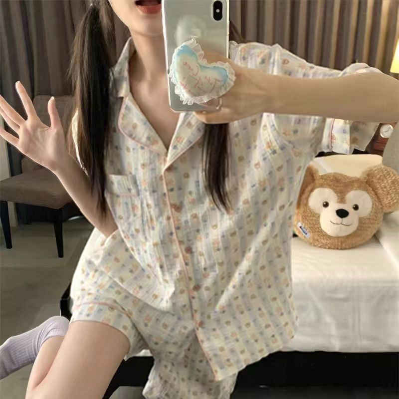 South Korea Ins New Cubs Cute Pajamas Women's Summer Cardigan Short Sleeve Shorts High Quality Imitation Cotton Home Clothes suit