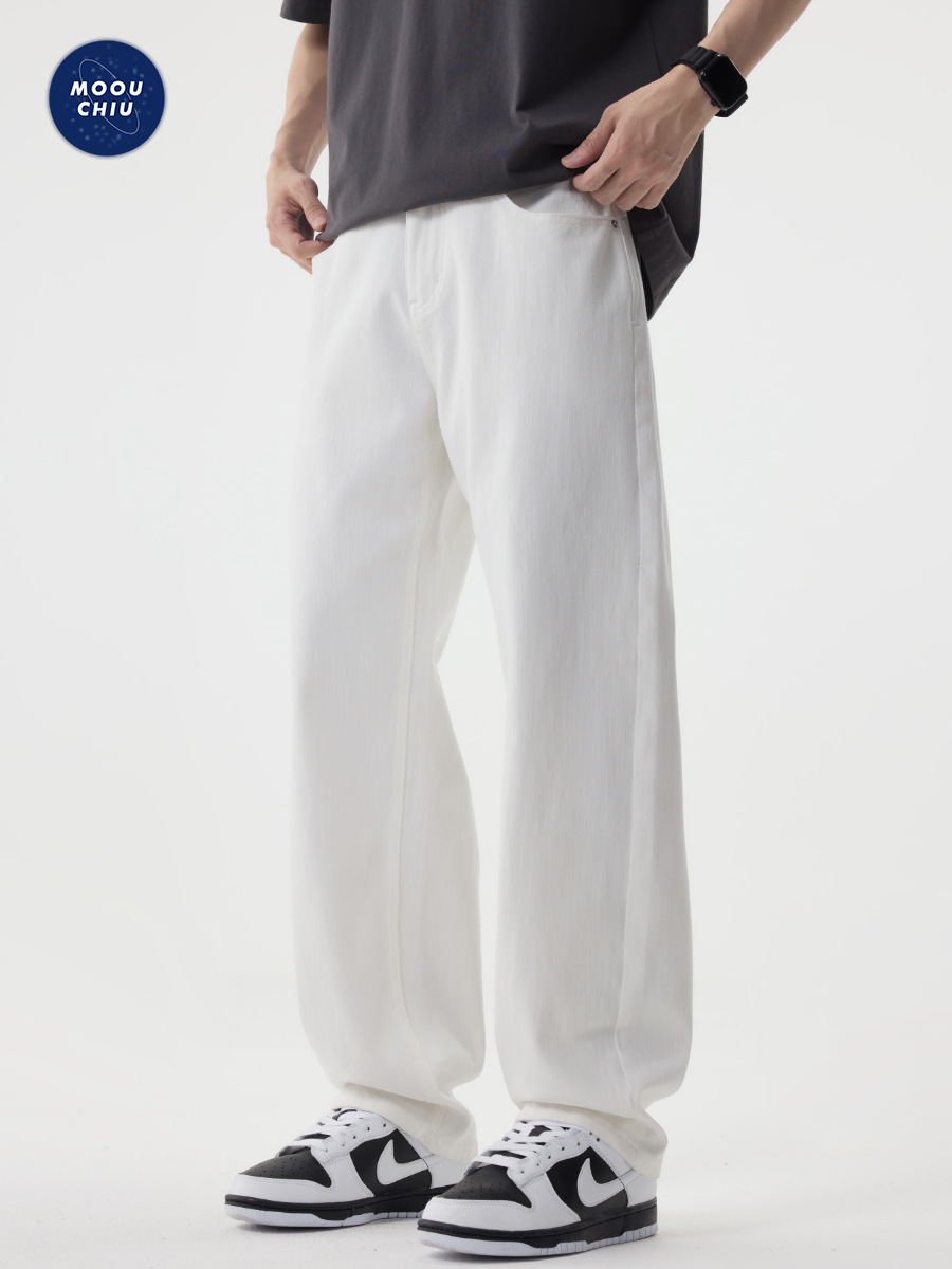 Muqiu Men's Wear | Four-Way Stretch White Denim Jeans for Men, American High Street Cleanfit Straight-Leg Casual Long Pants