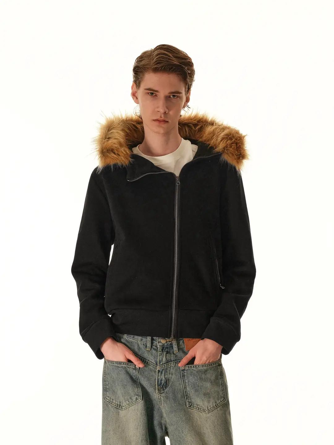 Mrnearly American Retro Fur Collar Hooded Sweatshirt for Men 2025 Autumn and Winter Trendy Brand Loose Casual Couple Jacket