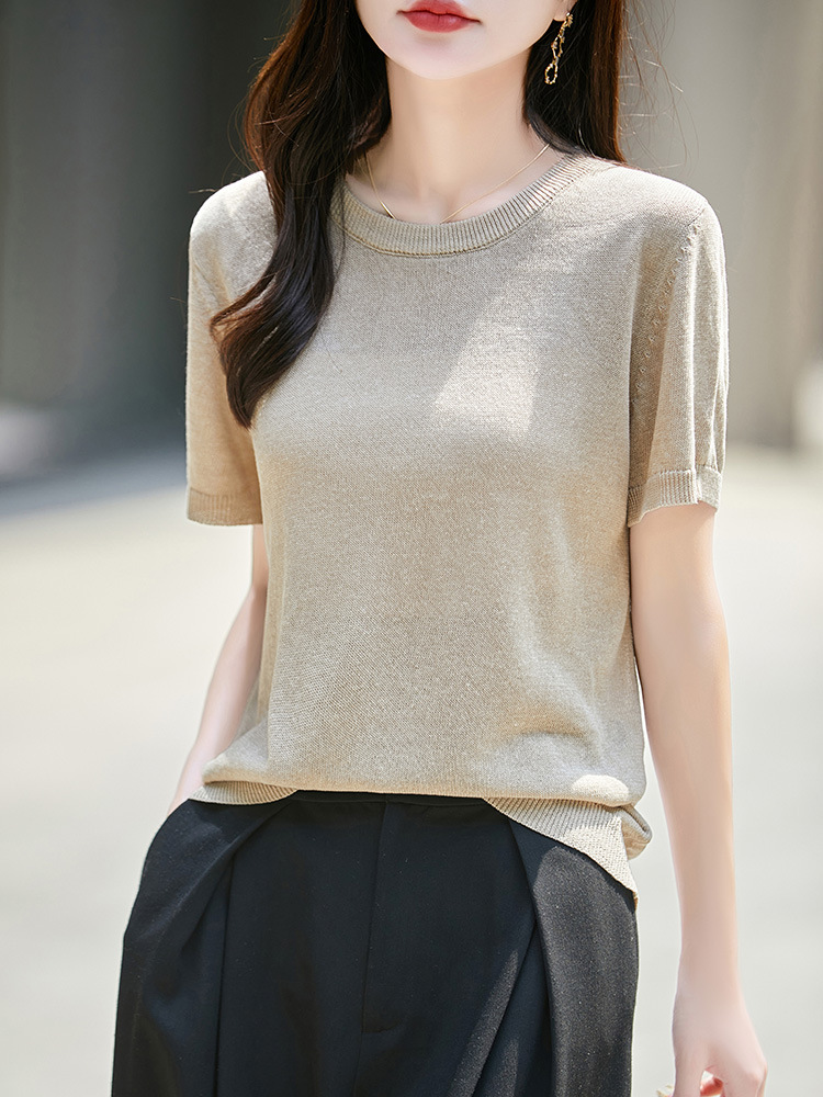 Lyocell Linen Worsted Round Neck Short-Sleeved Knitwear Women's Summer New Slim Pure Color T-Shirt Knitted Top