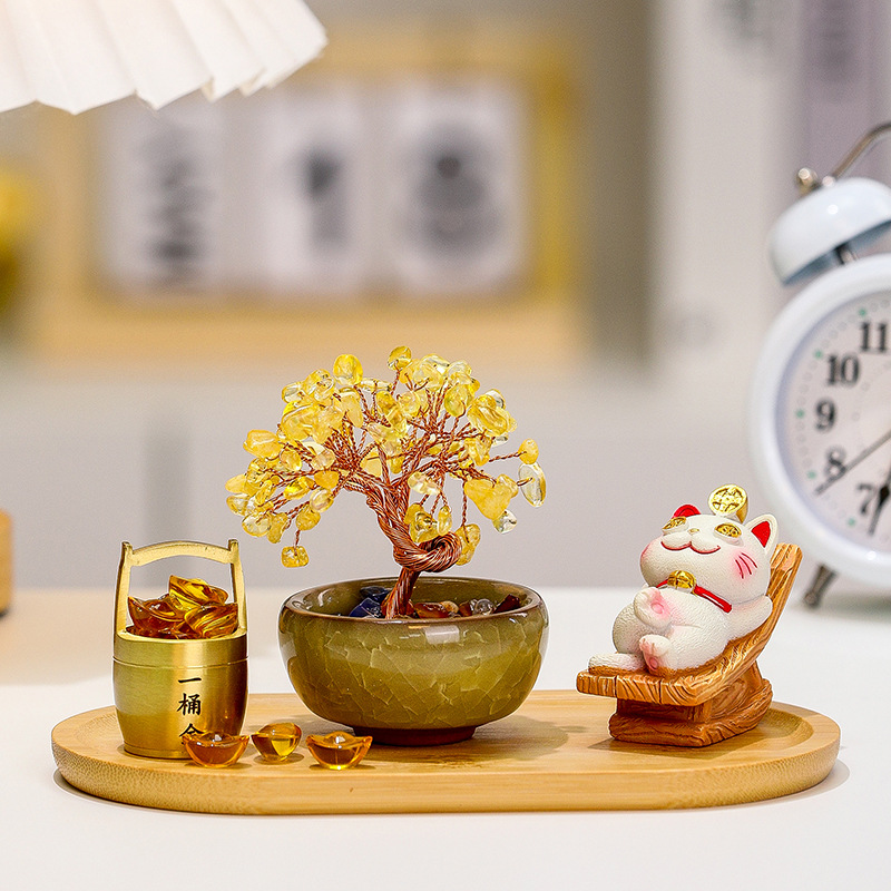 Creative Fortune Tree Ornaments Office Living Room Wine Cabinet Porch Decorations Brics Fortune Cat Natural Crystal Tree