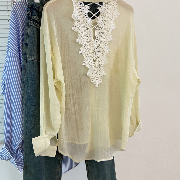 Korean Style Vacation Style Lace Shirt Women's Hollow-out Backless Loose Thin Long-sleeved French-style Sunscreen Top