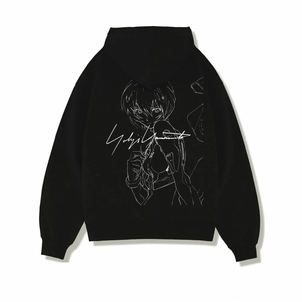 Anime Eva Character Line Design Collaboration with Yohji Yamamoto Style Unisex Loose Long-Sleeve Pure Cotton Hooded Sweatshirt