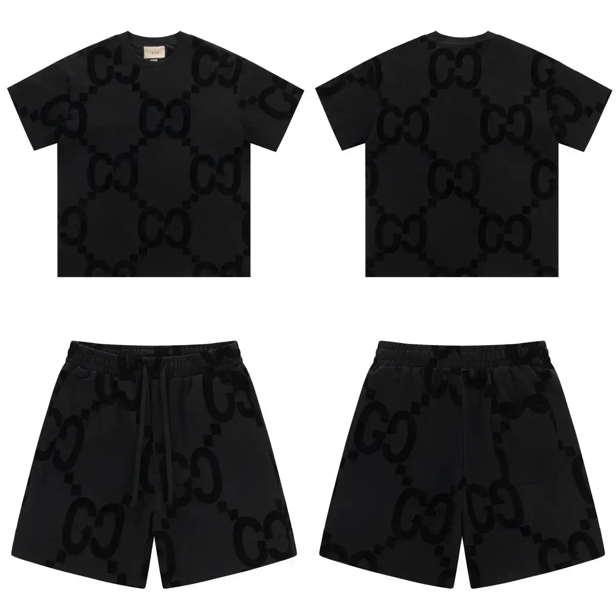 High Version GU Gujia Short-sleeved T-shirt 2025 New Flocking Double G Dark Pattern Flocking Loose Shorts Half-length Pants
