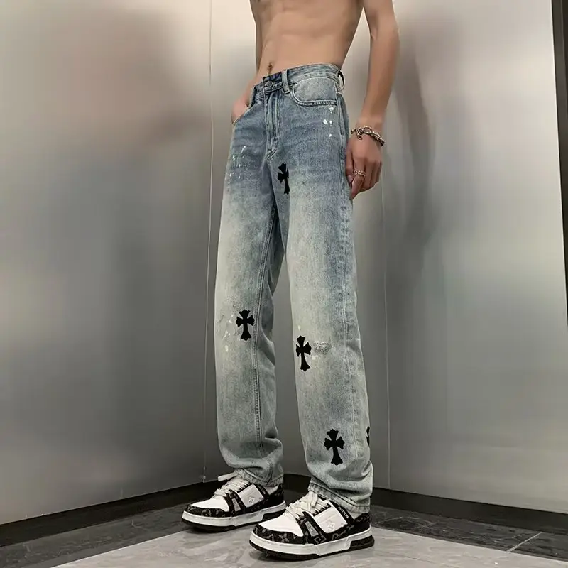 American-Style Cross Denim Men's Trendy Retro Vintage Loose Wide-Leg pants High Street Straight-leg Vibe Pants