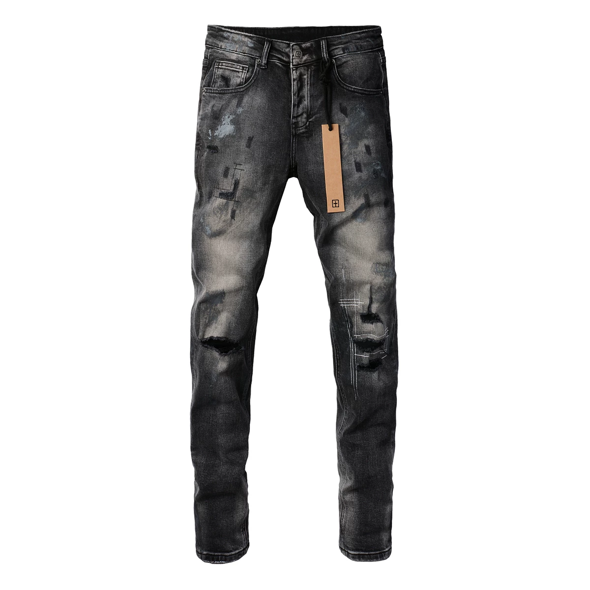 KSUBI JEANS American fashion brand new black and gray washed knife cut hole print slim fit small leg jeans