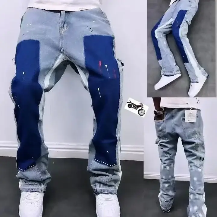 High street style heavy industry washing old splash-ink color matching deconstruction flared pants sub-fashion personality niche stacked jeans