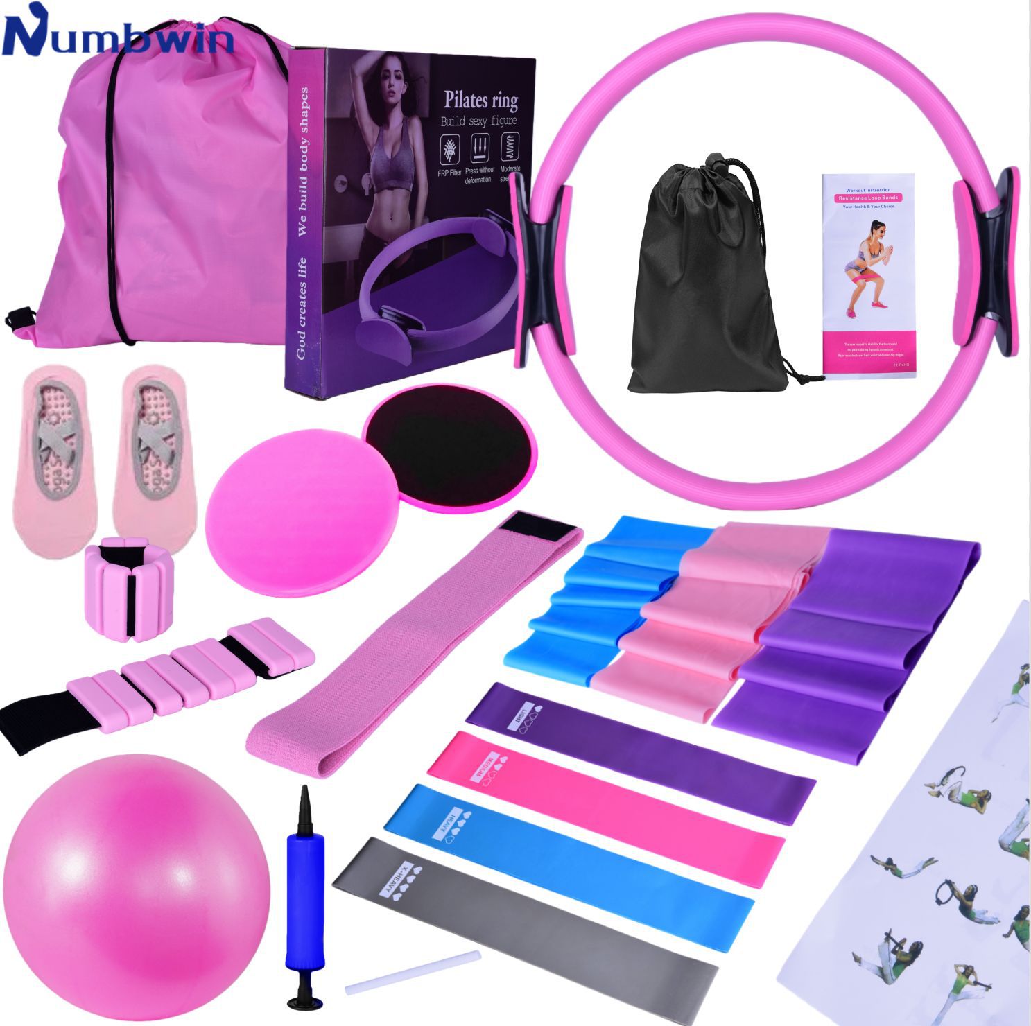 Numbwin Yoga Pilates Latex Resistance Band Set Twenty-Two Pieces Silicone Dumbbells Slide Plates Latex Webbing Bands