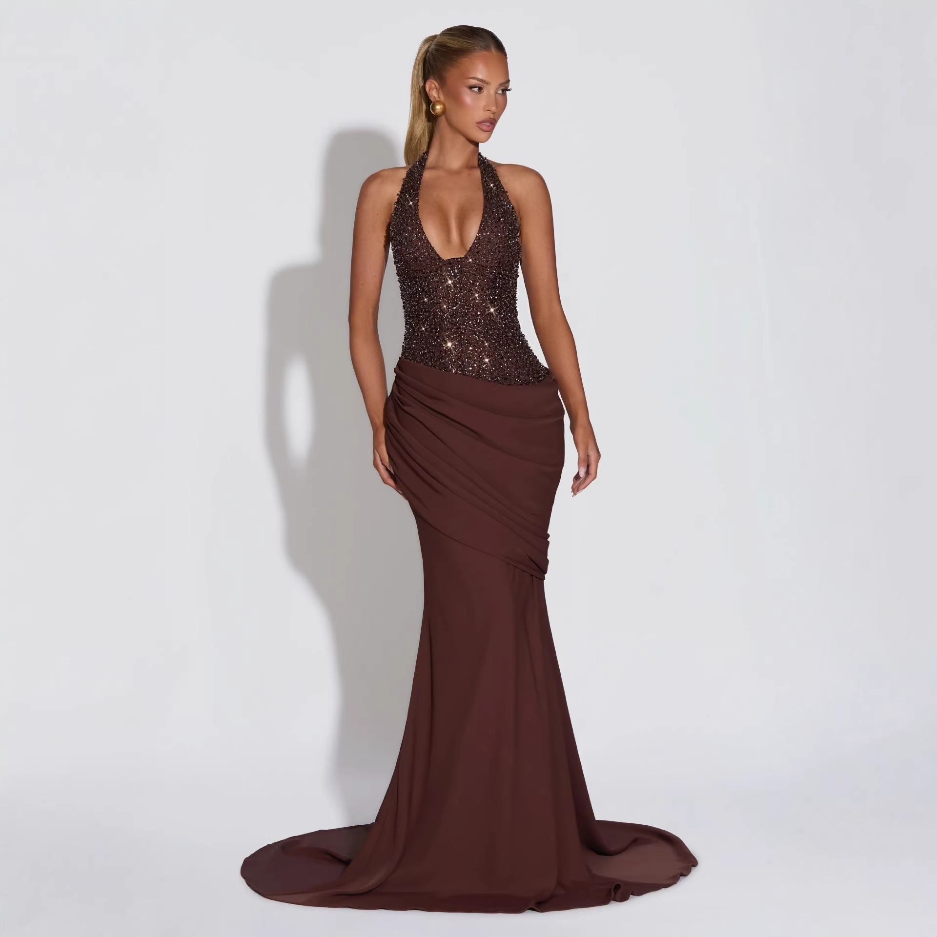 Cross-Border Amazon European and American Style Spliced Shiny Halter Neck Party Evening Dress Sexy Long Dress for Women
