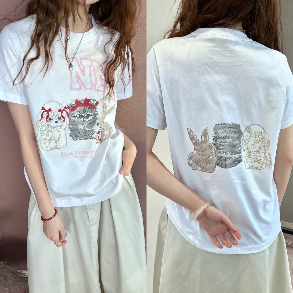 26 Early Spring New Niche Poodle Cat and Rabbit Print Round Neck Loose Cotton Short-Sleeved T-Shirt