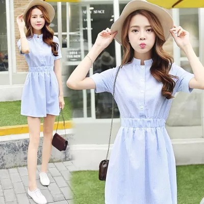 Vertical Striped Dress for Women, Sweet Student Style, Waist-Cinching, Slimming Short Dress, Fresh and Simple Shirt-Style Midi Dress
