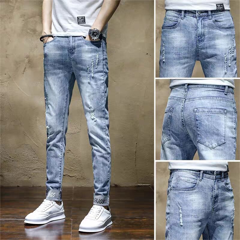 2024 Men's Slim Fit Stretch Skinny Jeans Korean Style Ripped Washed Light Blue Trendy Straight Men's Jeans