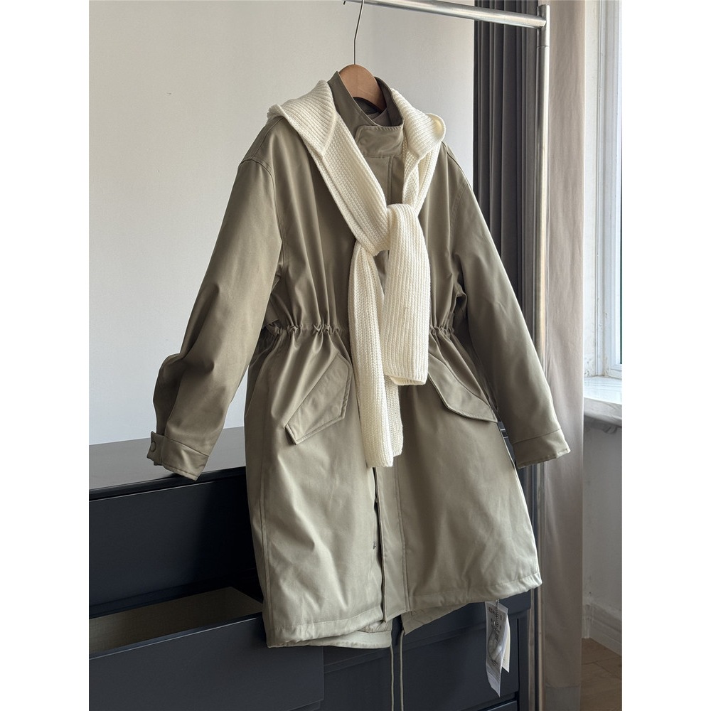 2025 Korean Style Trench Coat, down Jacket, Parka with Scarf, Adjustable Waist, Stand-Up Collar Wholesale B1Hy86617