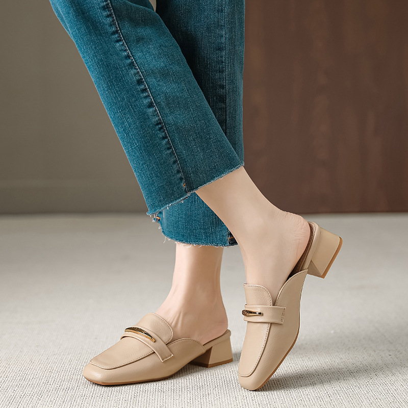 French Style Baotou Half Slippers Mueller Shoes Women's Fashionable Outer Wear Lazy Square Toe Middle Heel Thick Heel Sandals for Women X332-5
