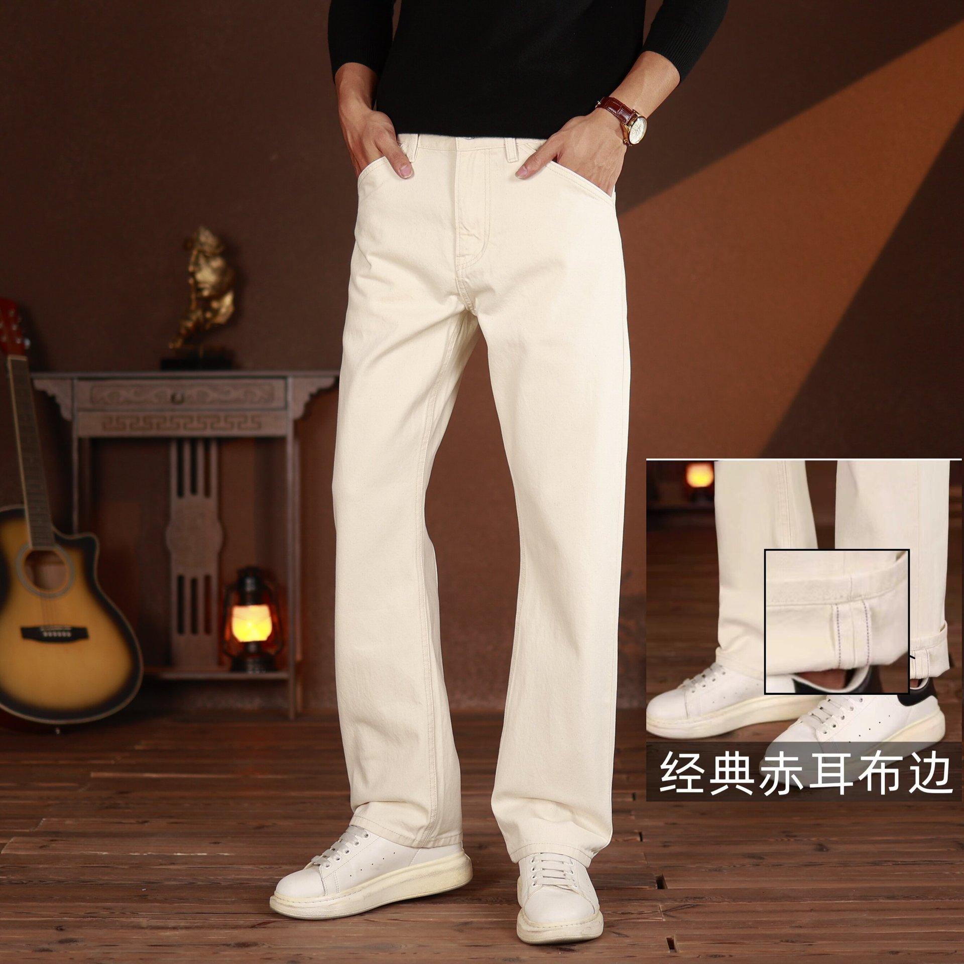 Off-White Vintage Straight-Leg Jeans for Men, Original Color, High-Quality, 2026 New Model, Selvedge Denim