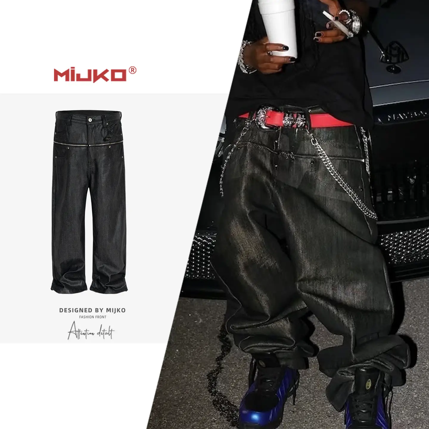 Mijko Men's and Women's Playboicarti Same Style Mercerized Waxed Zipper Raw Cow Men's and Women's Same Style Denim Pants