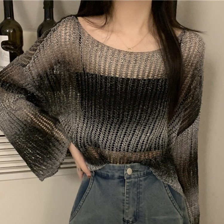 Gradient Color Spicy Girl Short Hollow-Out Thin Knit Top for Women, Summer Lazy Style Casual Loose Sun Protection Cover-Up