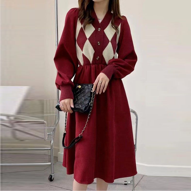 Korean Diamond-Shaped Splicing Knitted Dress 2025 Autumn and Winter New Elegant V Neck French Waist A-Line Sweater Dress