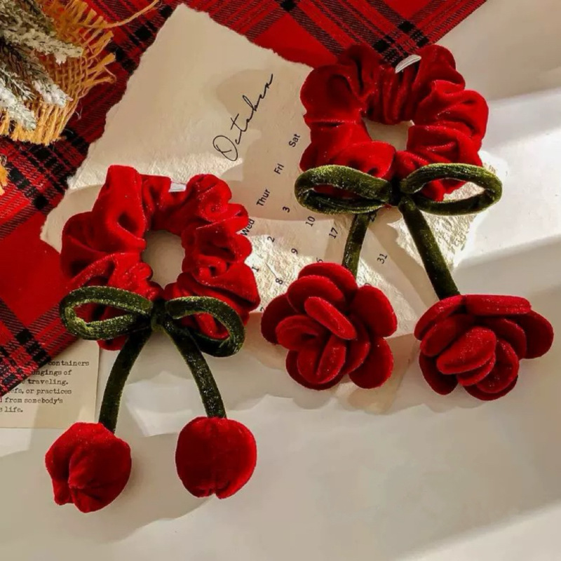 Children's New Year Red Velvet Hair Tie 2026 New Autumn/Winter Girls' Flower Style Bow Scrunchie Hair Accessory