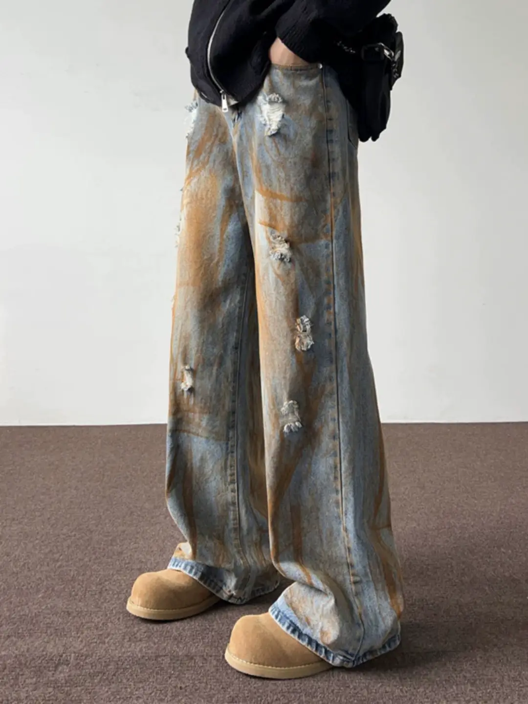 Washed Dressed Jeans Men's 2024 Spring American Style High Street Retro Loose Dipped Trousers