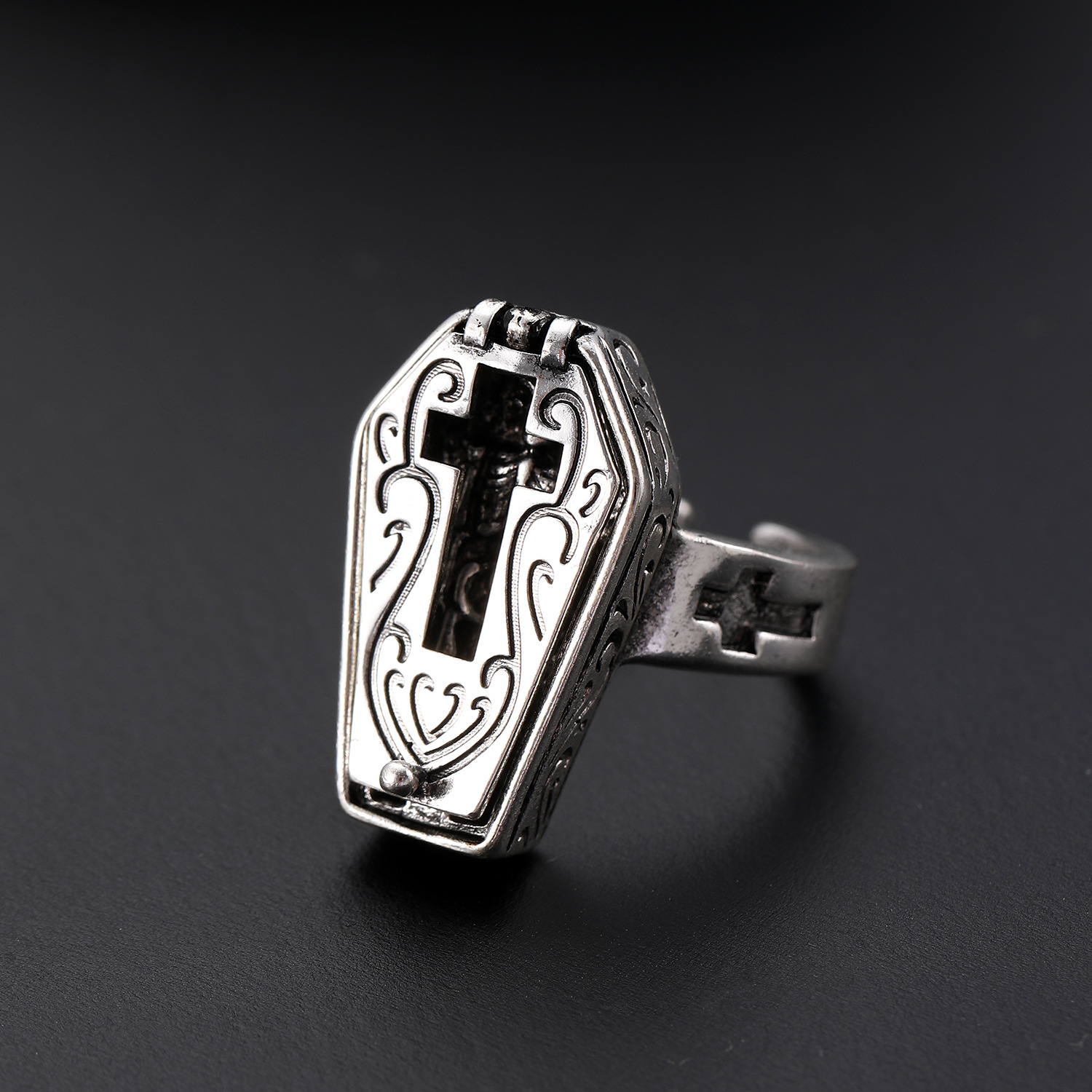 Creative Retro New Skull Coffin Cross Opening Ring Gothic Punk Hip Hop Openable Ring Jewelry