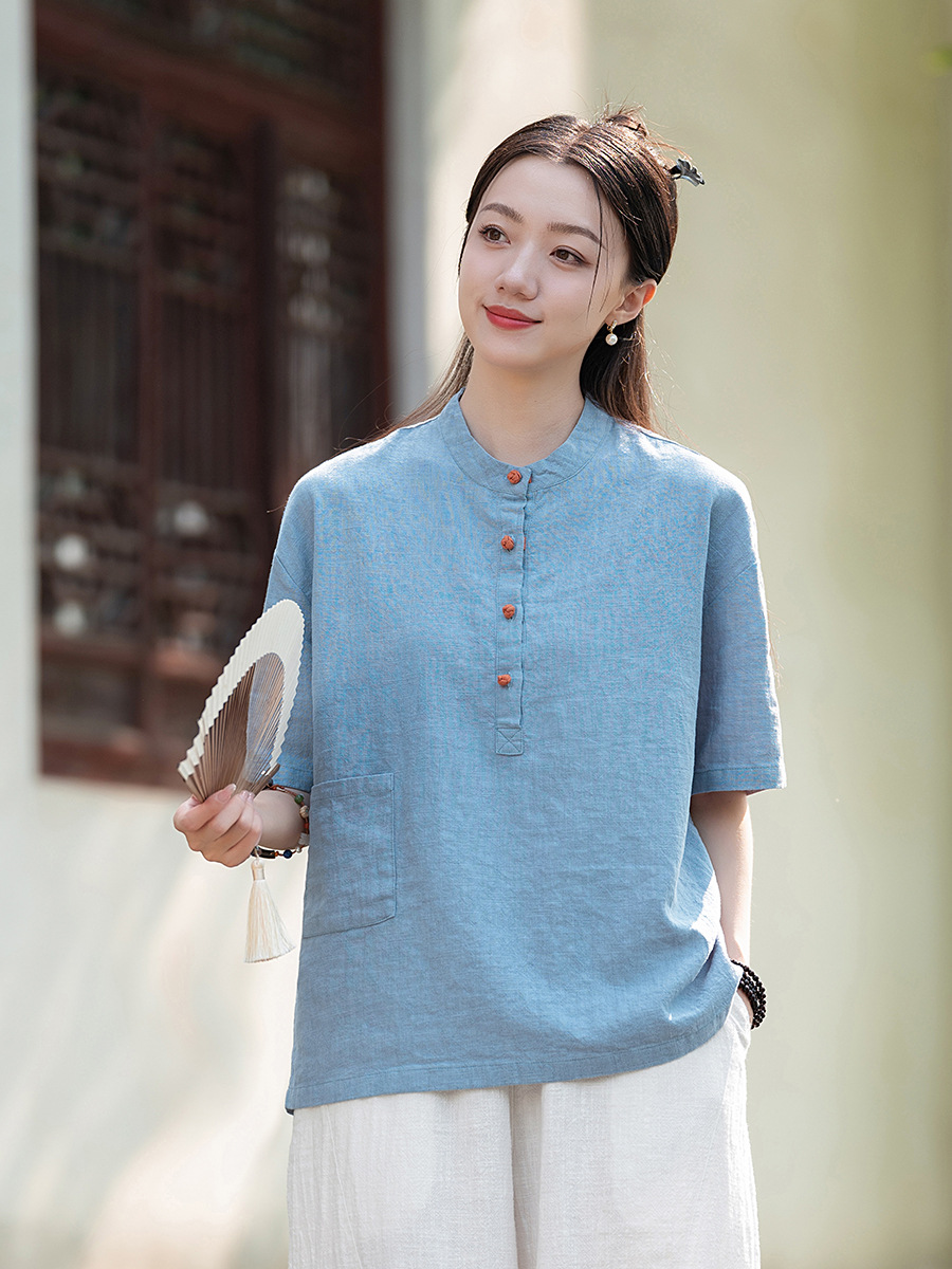 Original Cotton and Linen Women's Clothing Summer New Chinese Style Retro Buddha Style Zen Practice Pullover Top Women's Sand Wash Ramie T-Shirt