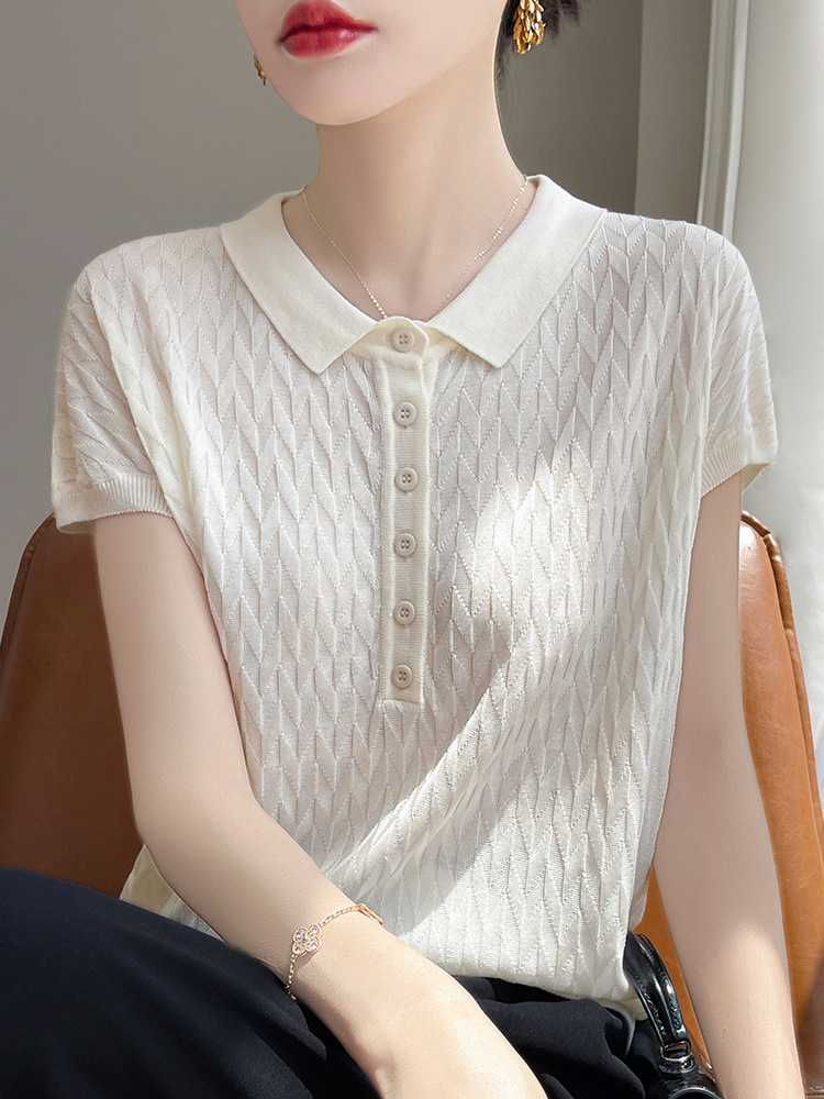 POLO Collar Twisted Elegant Short-sleeved T-shirt Women's 2024 Summer Tencel Knitted Design Retro Twist Top T-shirt