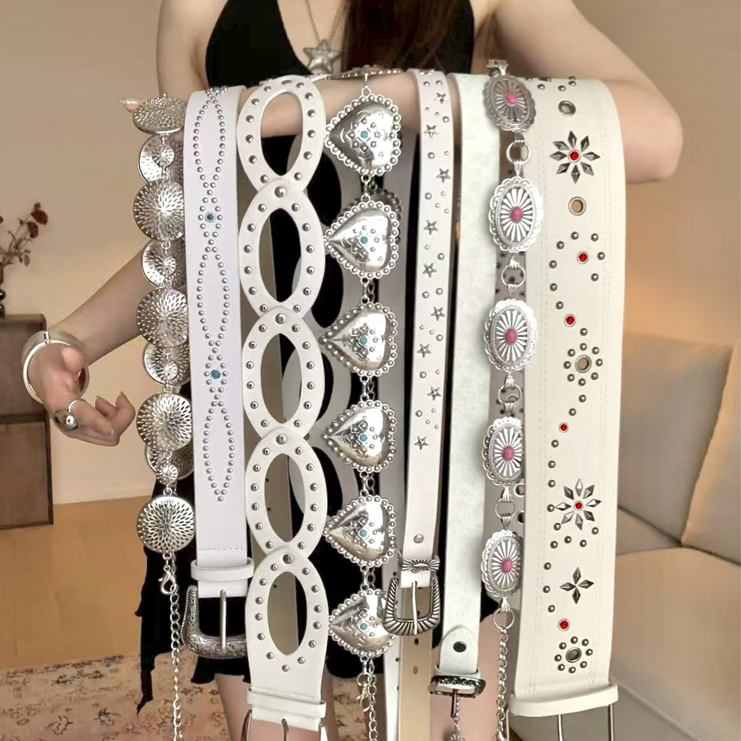 Vintage Ethnic Style Rivet Belt Women's Design Sense Niche All-match Belt with Skirt Jeans with Decorative White