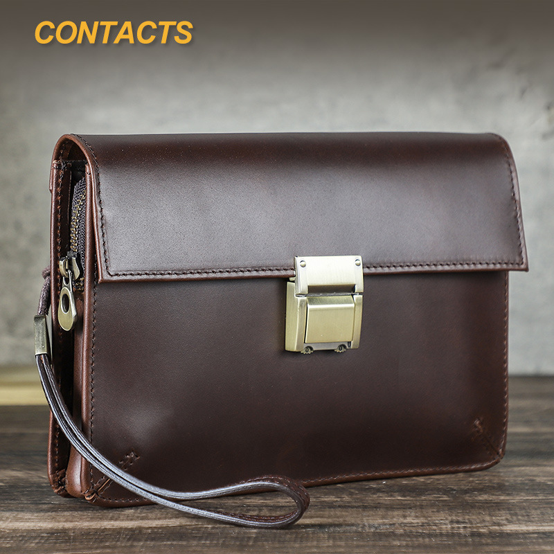 Black Angel Ebay Source Genuine Leather Men's Clutch Bag with Wrist Strap and Lock Buckle, Genuine Leather Men's Underarm Bag