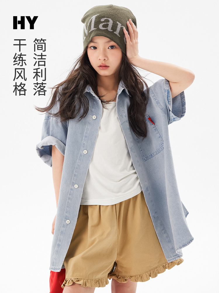 Children's Stylish Lapel Shirts 2026 Summer New Style Girls' Korean Style Cartoon Short-Sleeved Shirts for Older Girls Mid-Length Shirts