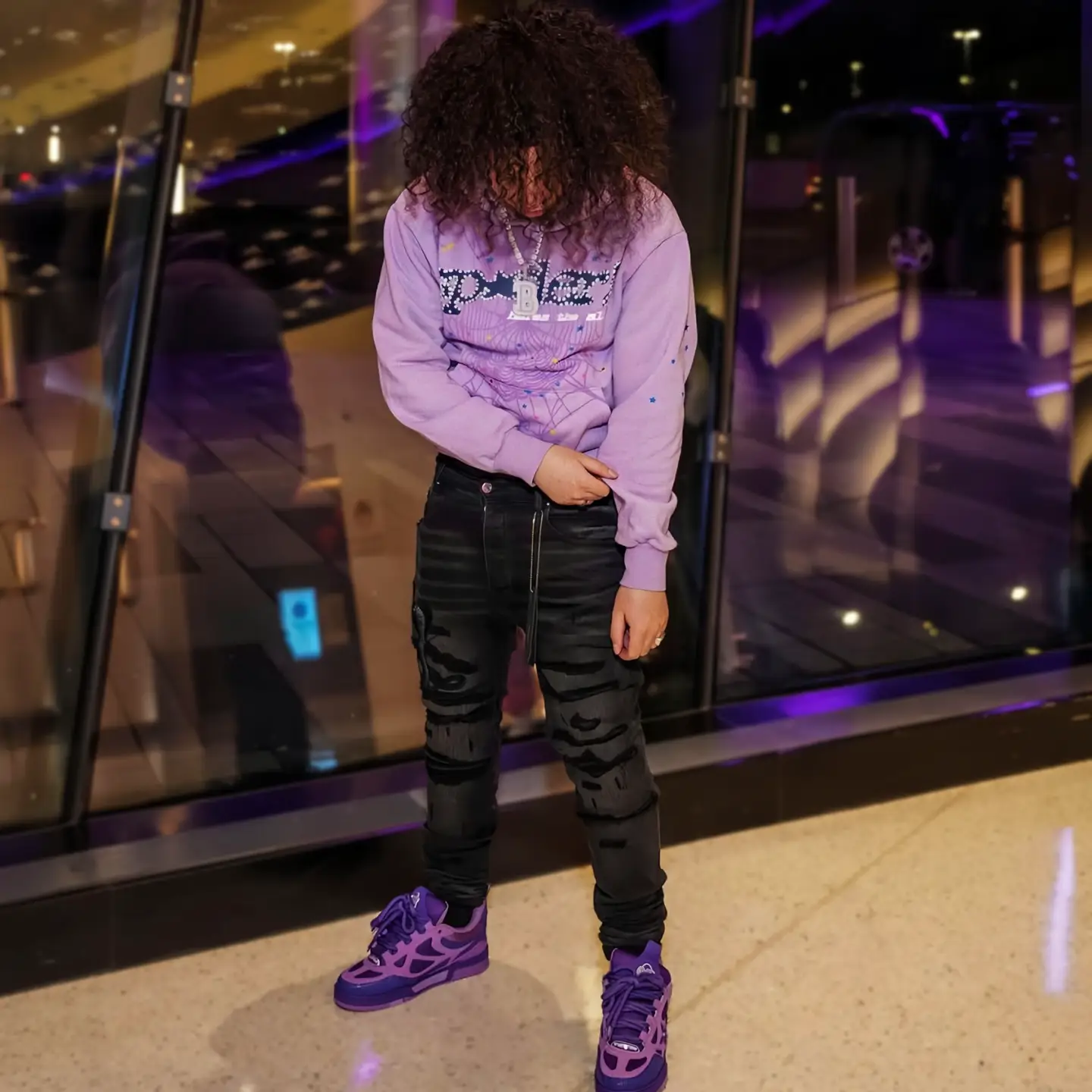 High-End Sp5Der Purple Sweatshirt Foam Print Drill Outfit Fashion Celebrity-Style Hip-Hop Hoodie