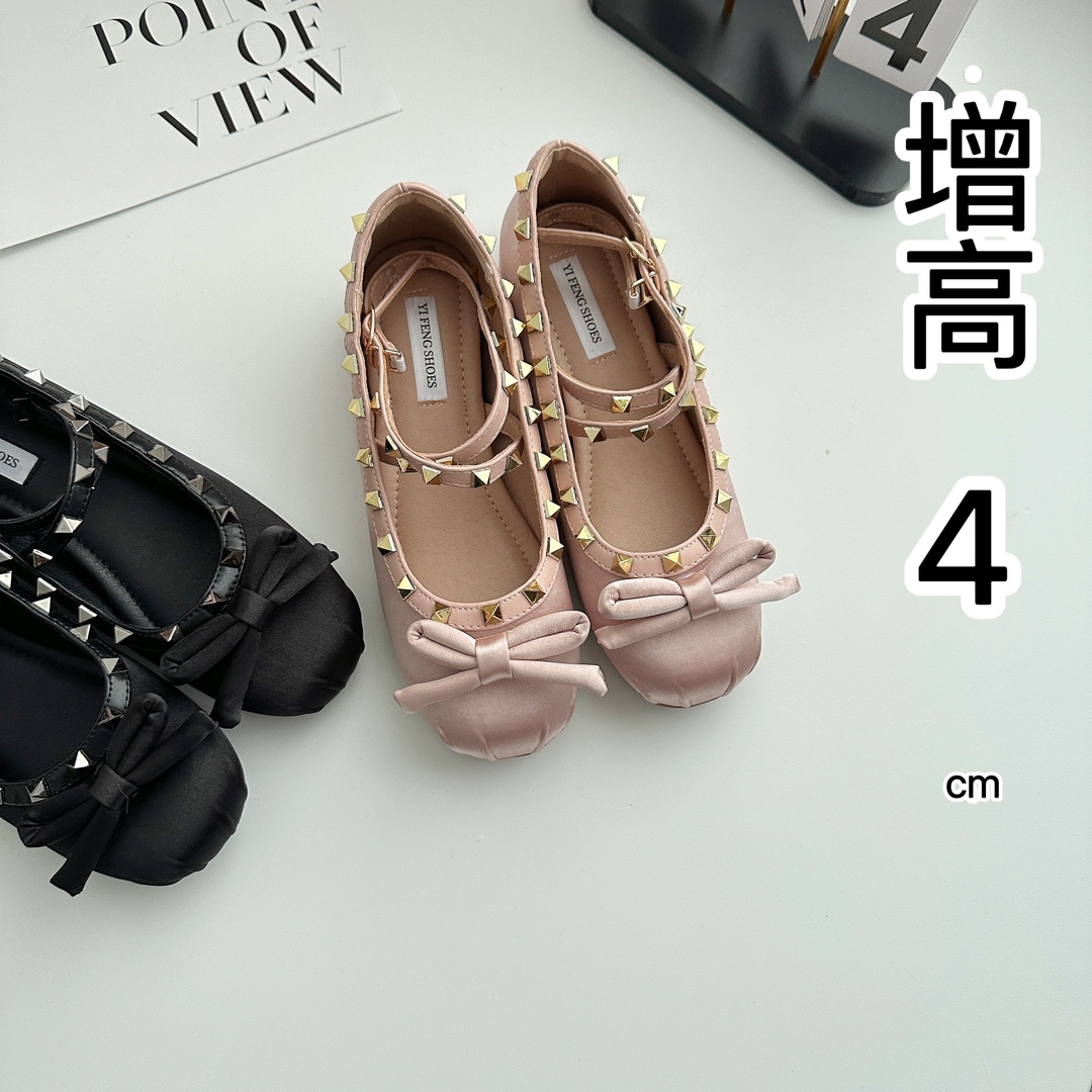 Heightening Rivet Ballet Shoes 4cm Satin Cross Straps Sweet and Cool Stylish Bow Pumps