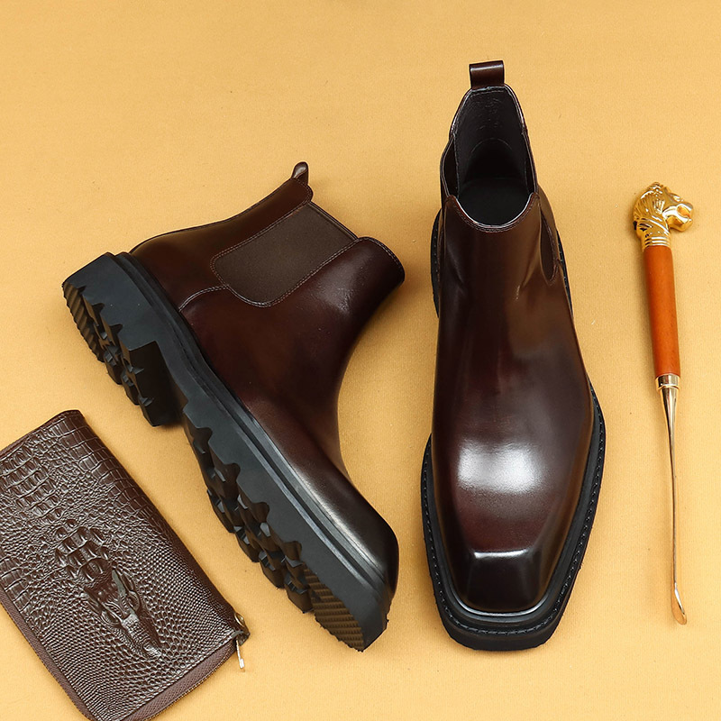 [Activity] Winter Chelsea Men's Boots Leather Square Head Short Tube High-top Thick Bottom Business Casual Leather Boots