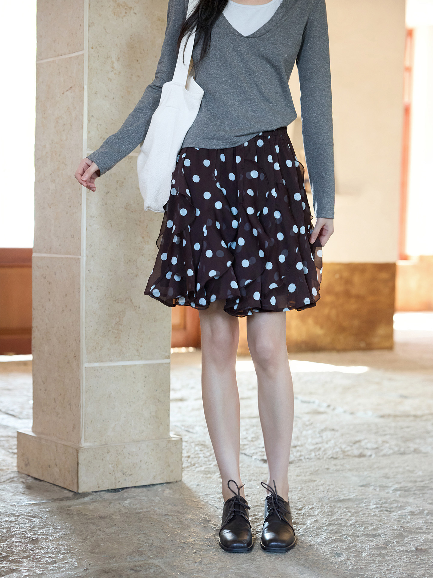 Ximeng 2026 New Spring Korean-Style Elegant Short Skirt with Unique Design for Petite Women, Coffee-Colored Polka Dot Skirt for Women