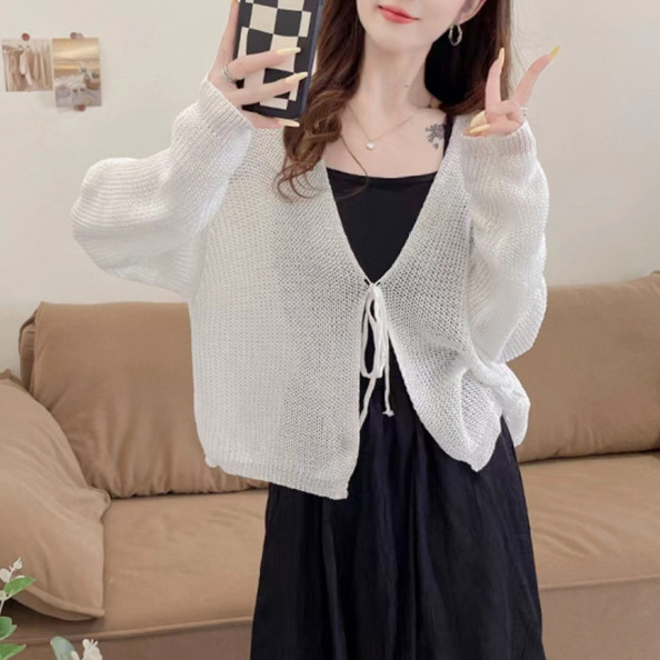 Korean Chic2026 Spring and Summer New Style Pure Color Versatile Knitted Sun Protection Cardigan Women's Thin Sweater Jacket