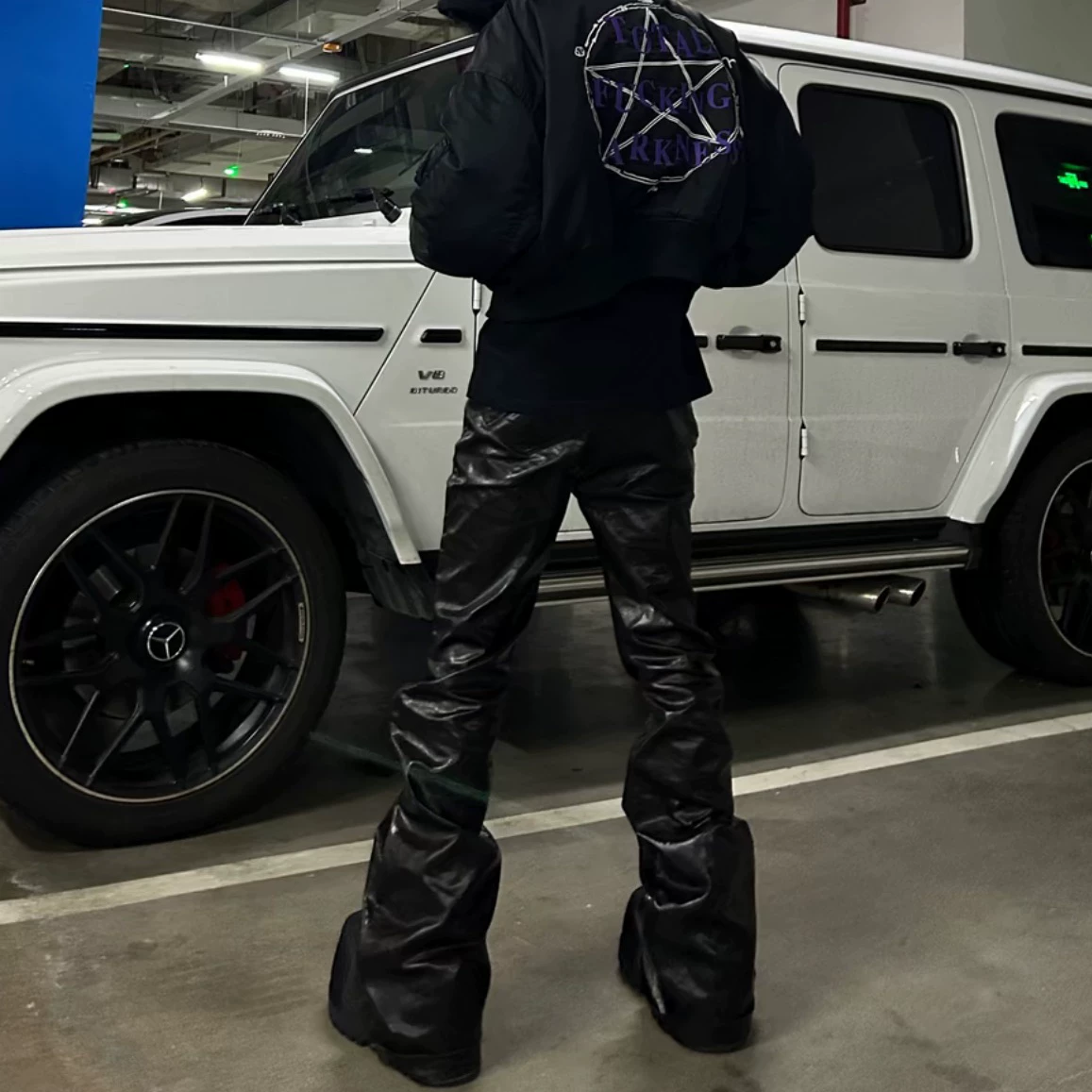 American Vibe style niche high street liquid giant slimming coating glossy micro horn leather pants dark style long pants for men