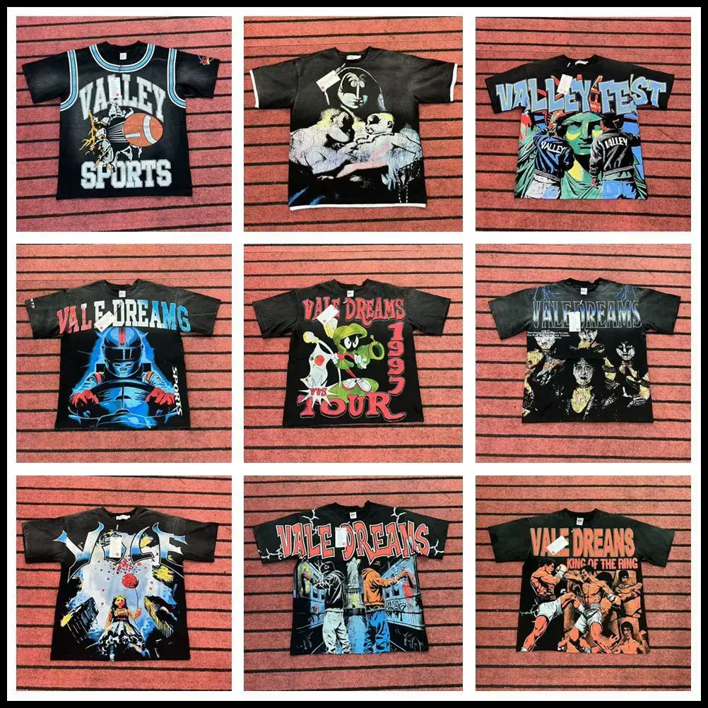 Vale Forever Valley Sport American Retro Print Unisex Washed Short-Sleeve T-Shirt Wasteland Style