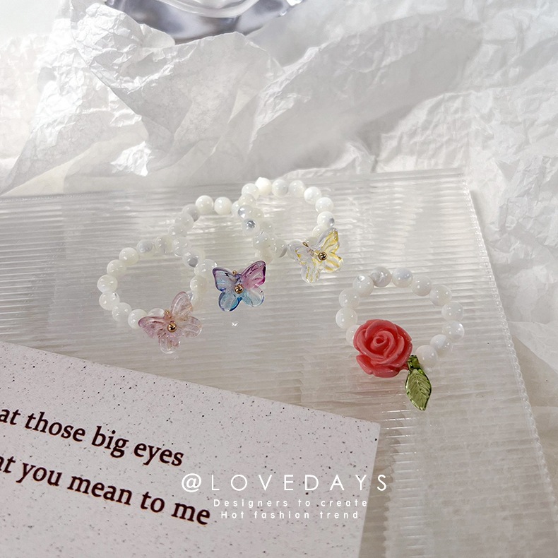 Personalized Design Elastic Rose Ring Cat's Eye Flower Colorful Butterfly Ring Gentle Beaded Stacking Ring