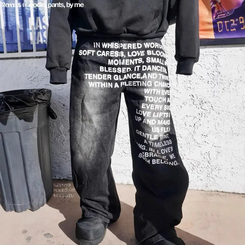 Hip hop jeans autumn Fashion Men Retro pattern letters Street Gothic Harajuku Hip hop Denim