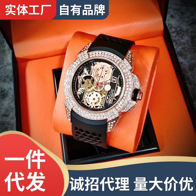 Factory 2026 New Model Men's Mechanical Watch with Hollow Design and Diamond Inlay, Business Silicone Strap Wristwatch, Fashionable Trendy Men's Watch