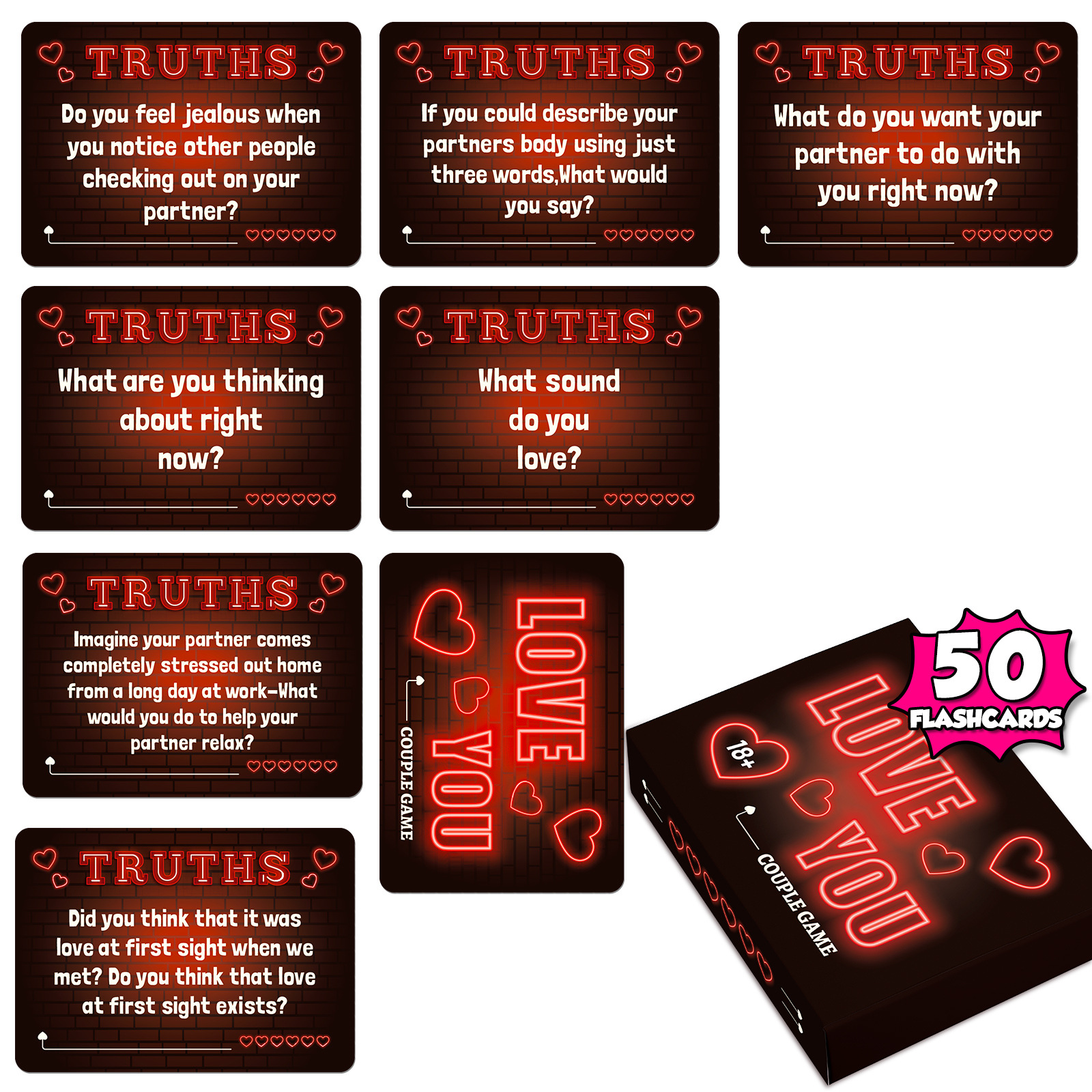 50 Neon Lights Love LOVE YOU Couple Warm-up Interactive Cards Truth or Dare Game Props