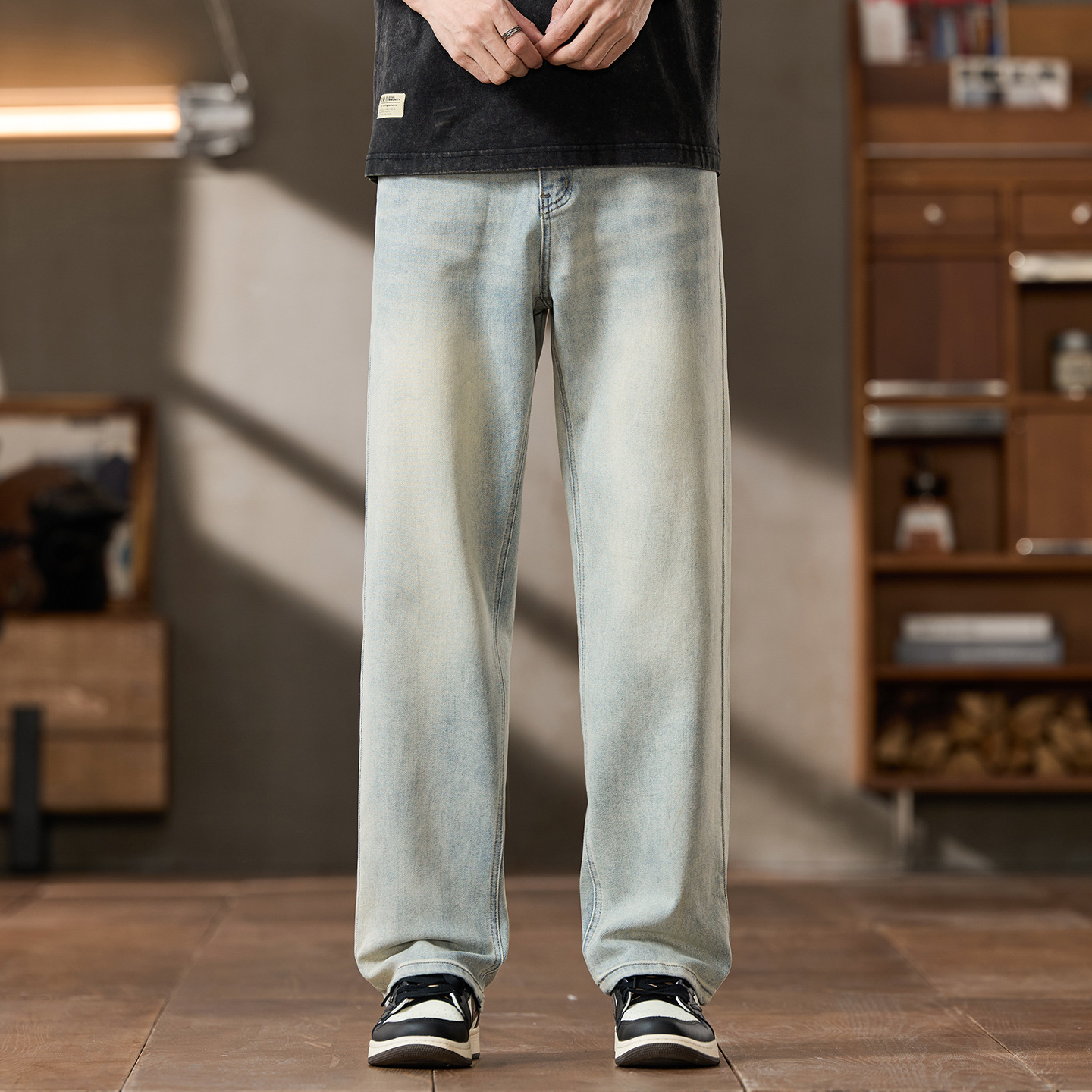 1095 | Plus-Size Men's Clothing Spring and Summer New Retro Washed Narrow-Fit Jeans Men's Loose Stretch Straight-Leg Pants