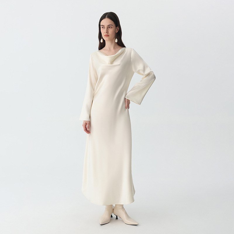 Elegant and Versatile 30mm Heavyweight Silk Dress for Women with a Draped Neckline, Curved Hem, Simple Long Sleeves, and a Slim Fit