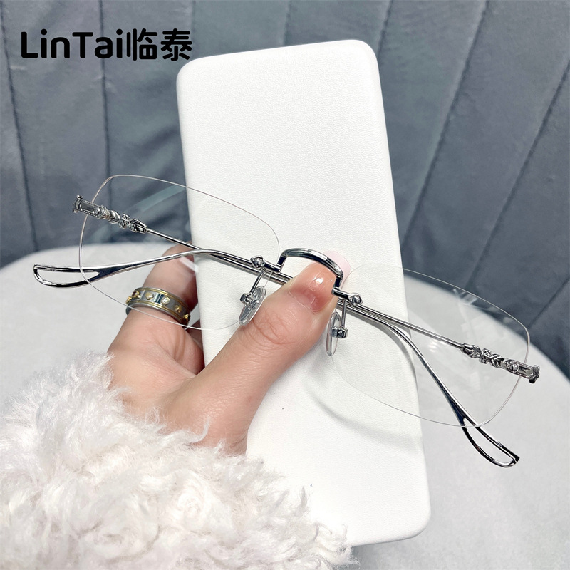 9215 New Xiaohongshu Rimless Glasses for Women, Retro Literary Anti-Blue Light Glasses, Can Be Equipped with Prescription Flat Glasses Frames