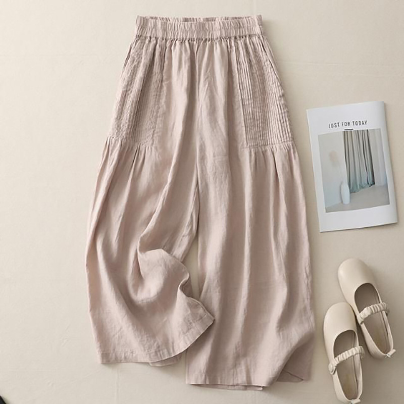 Retro Pleated Cotton and Linen Wide-Leg Pants Skirt This Spring and Summer New Style Literary and Simple Pure Color High-Waisted Straight Pants for Women